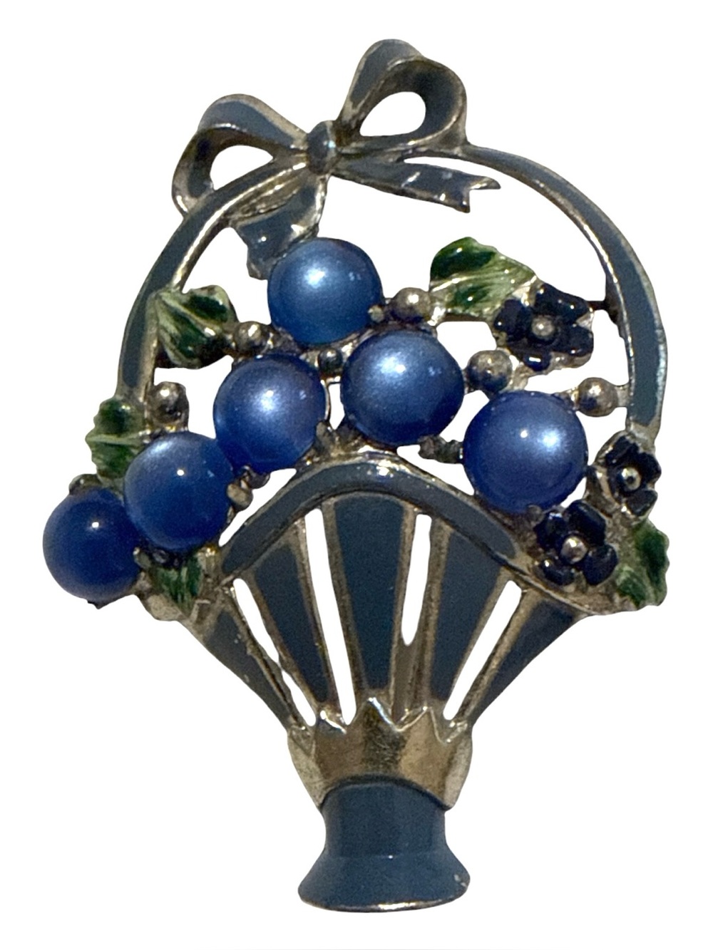 Vintage Signed Coro Blue Moonglow Flower Basket Brooch Silver Tone Pot Metal Pin